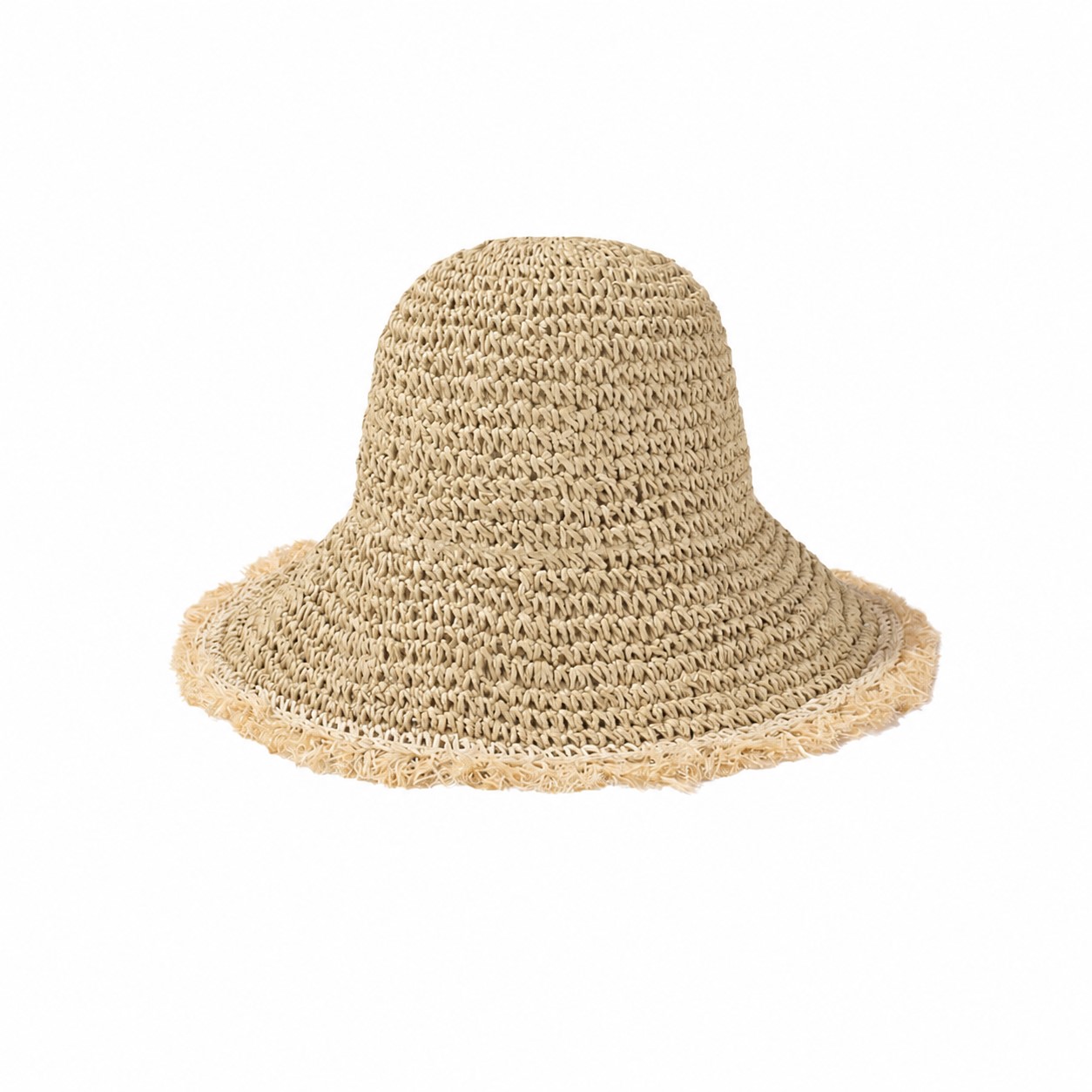 Fringe Straw Bucket Sun Hat — Khaki Beige