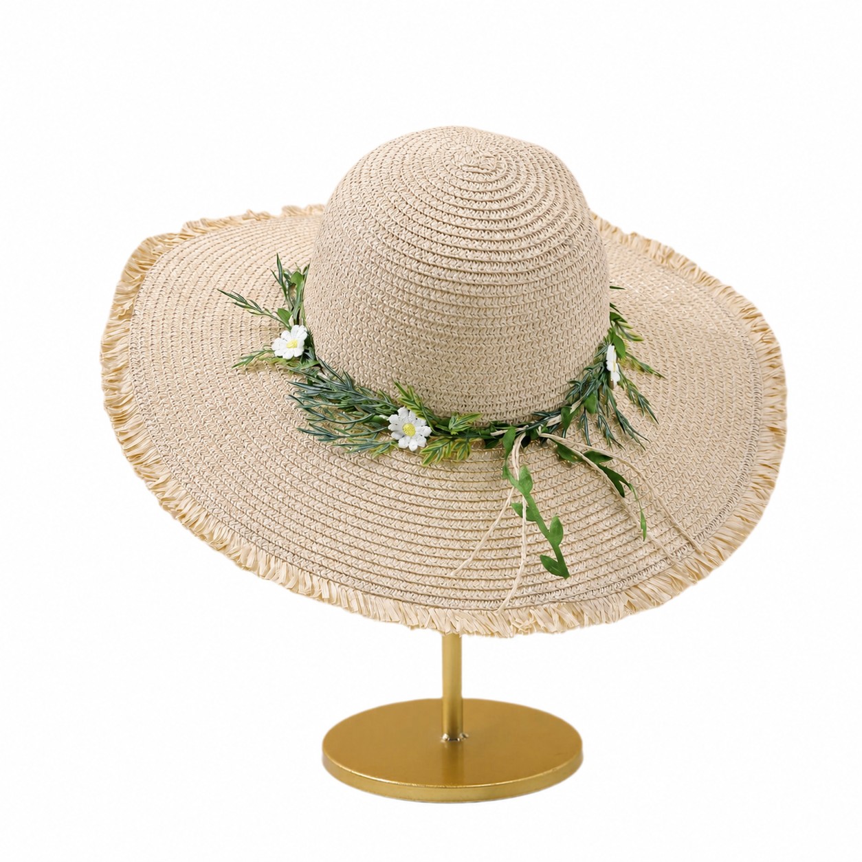 Straw Garland Wide Brim Sun Hat — Beige
