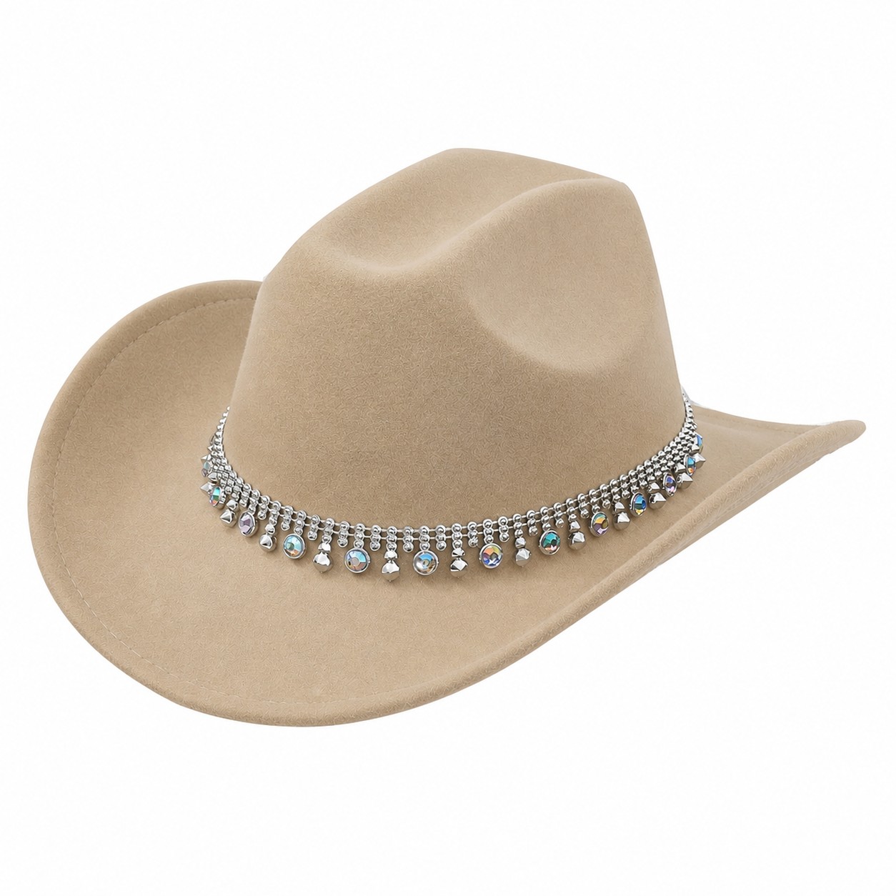 Jeweled Band Polyester Cowboy Hat — Khaki Beige