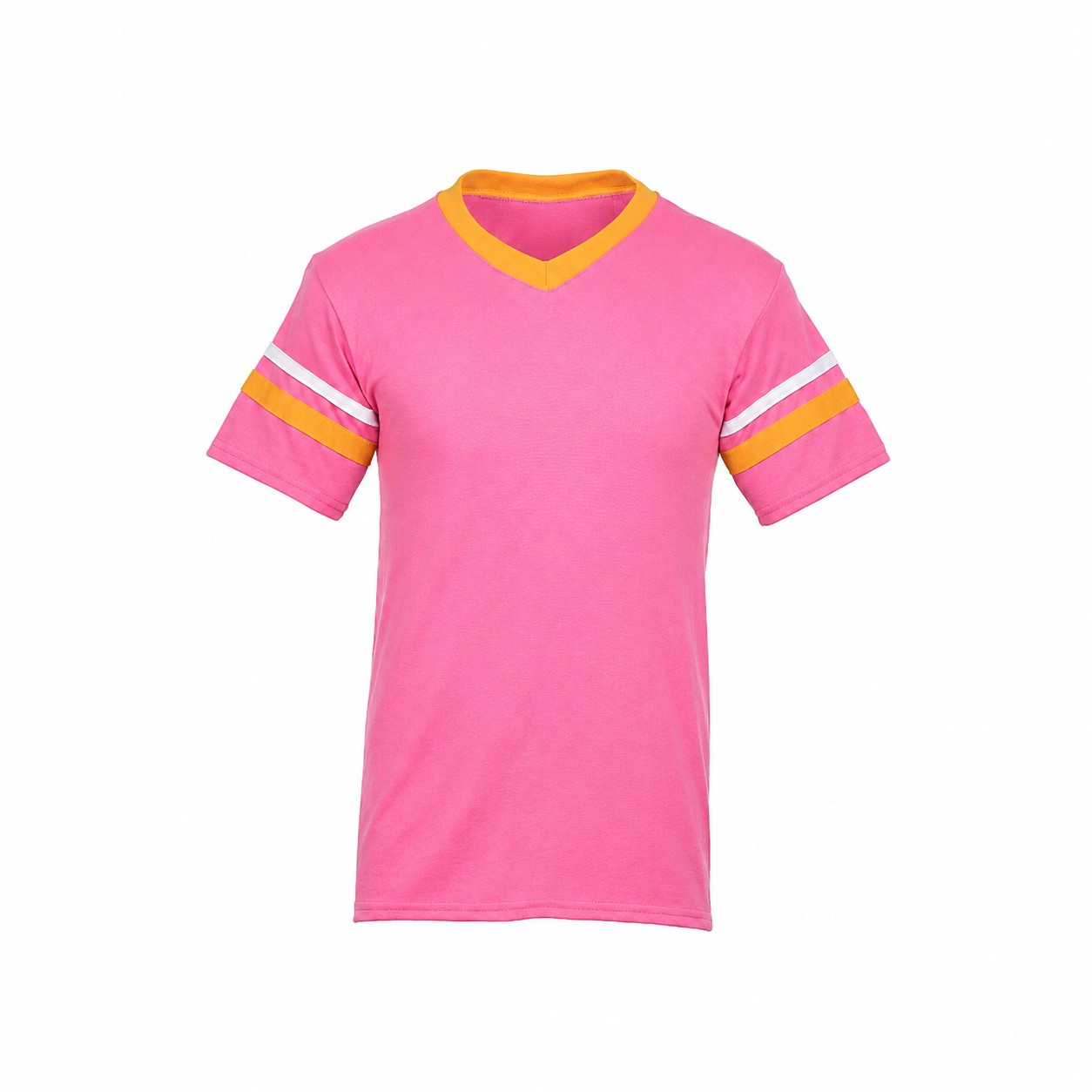 Stripe Trim Cotton Polyester V Neck Shirt — Pink