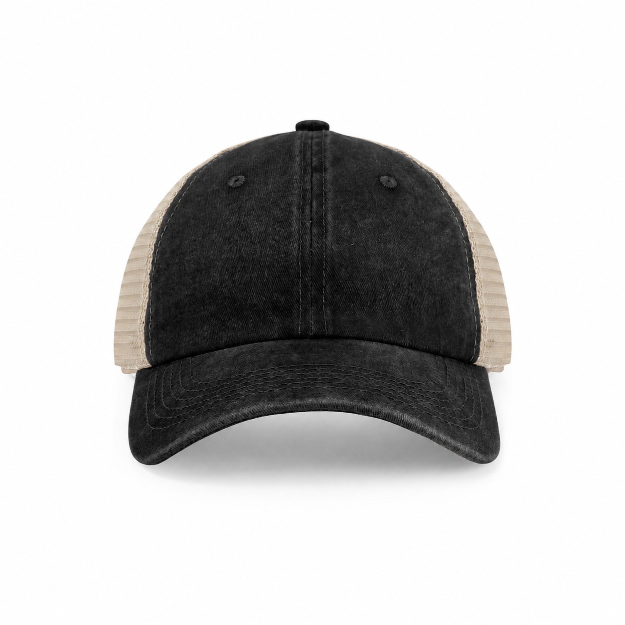 Pigment Dyed Mesh Trucker Cap — Black/Khaki Beige