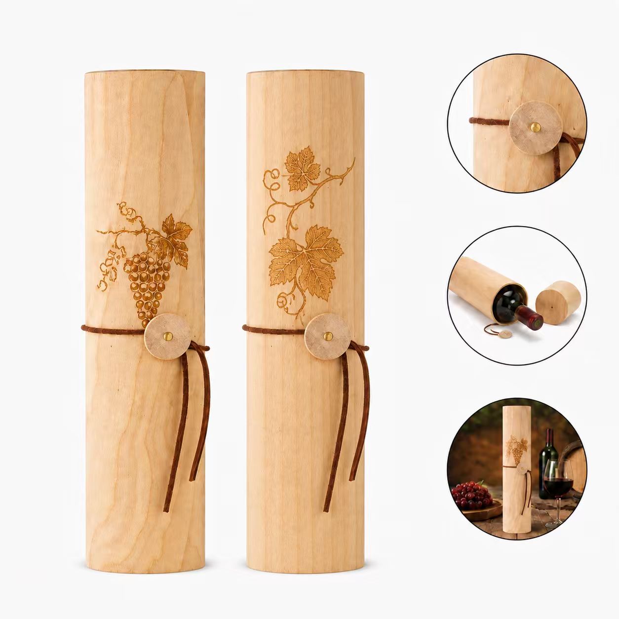 Wood Wine Bottle Cylinder With Tie Closure
