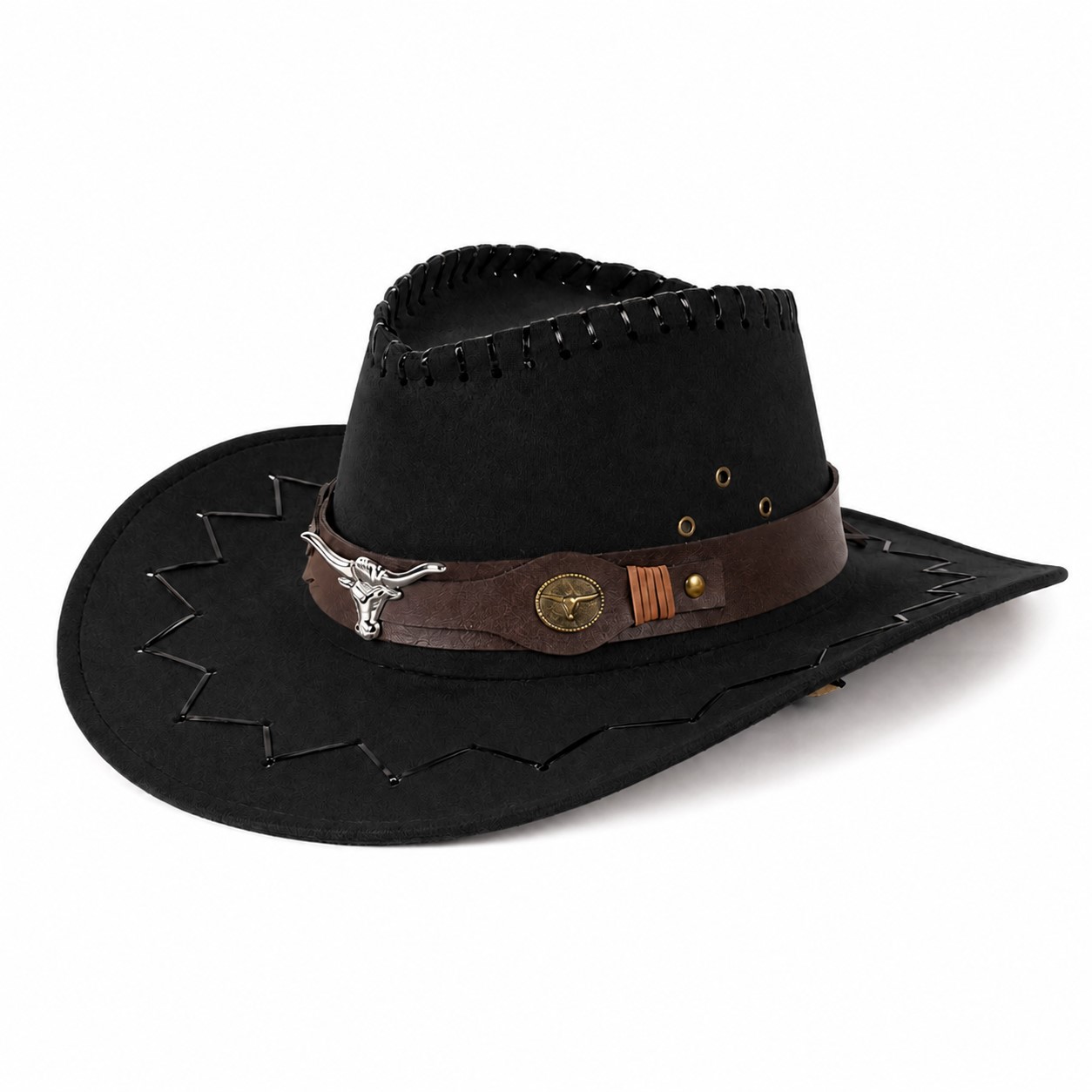 Polyester Cowboy Hat With Western Stitching — Black