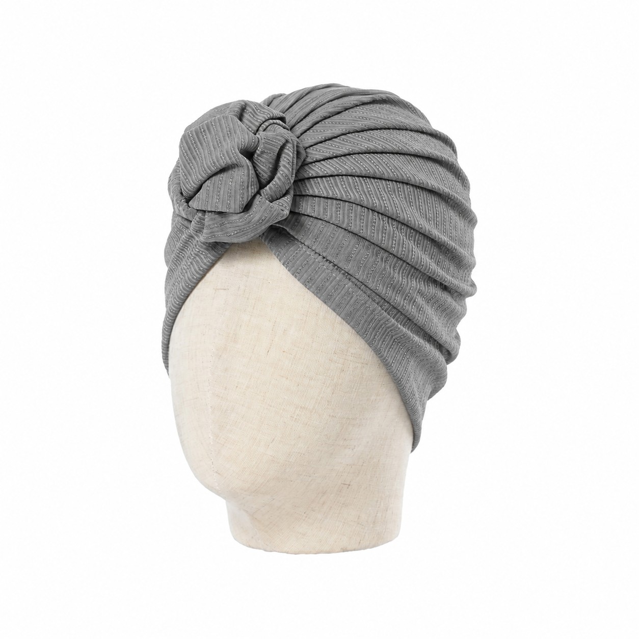 Pleated Polyester Knot Headscarf Hat — Gray