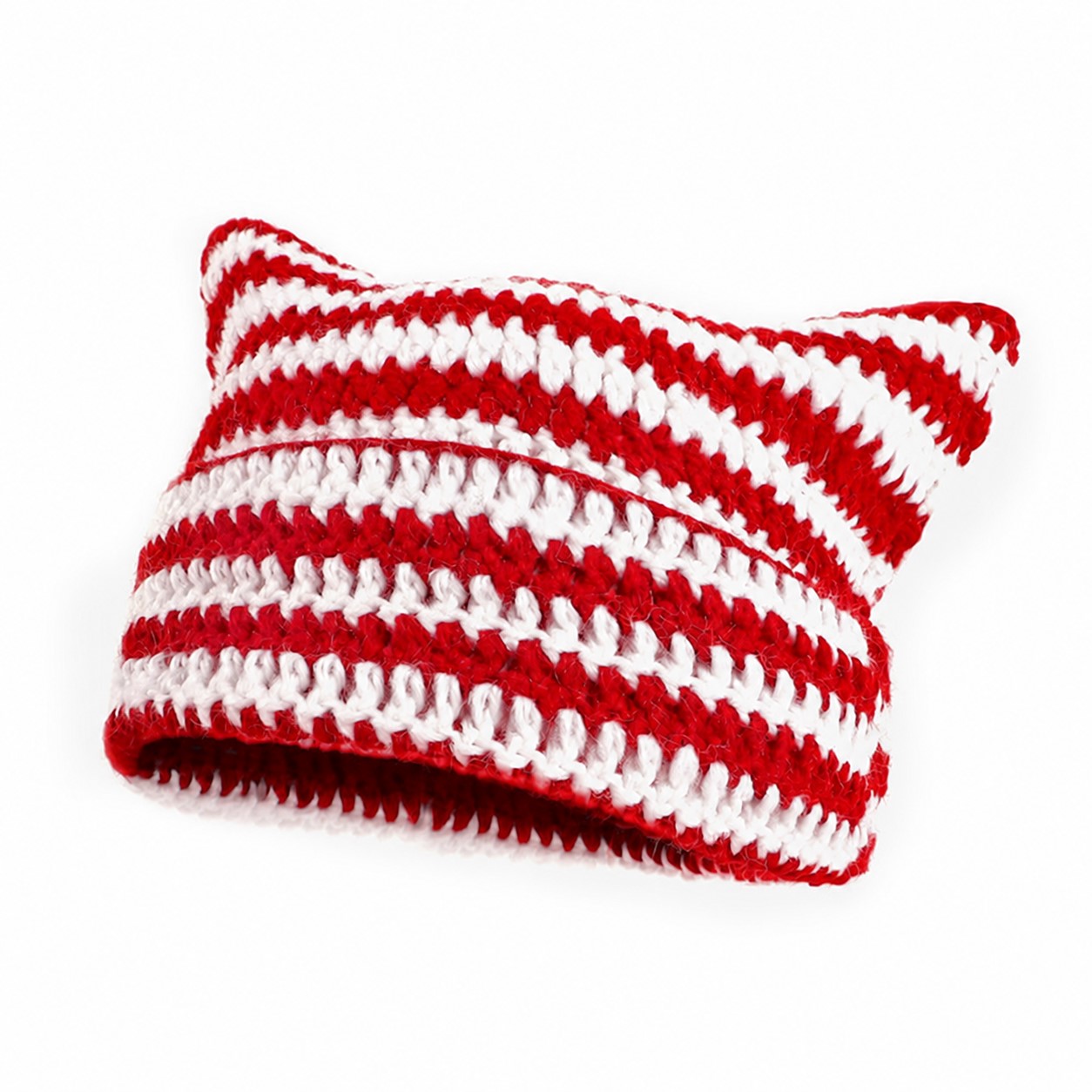 Striped Acrylic Crochet Beanie Hat — Red