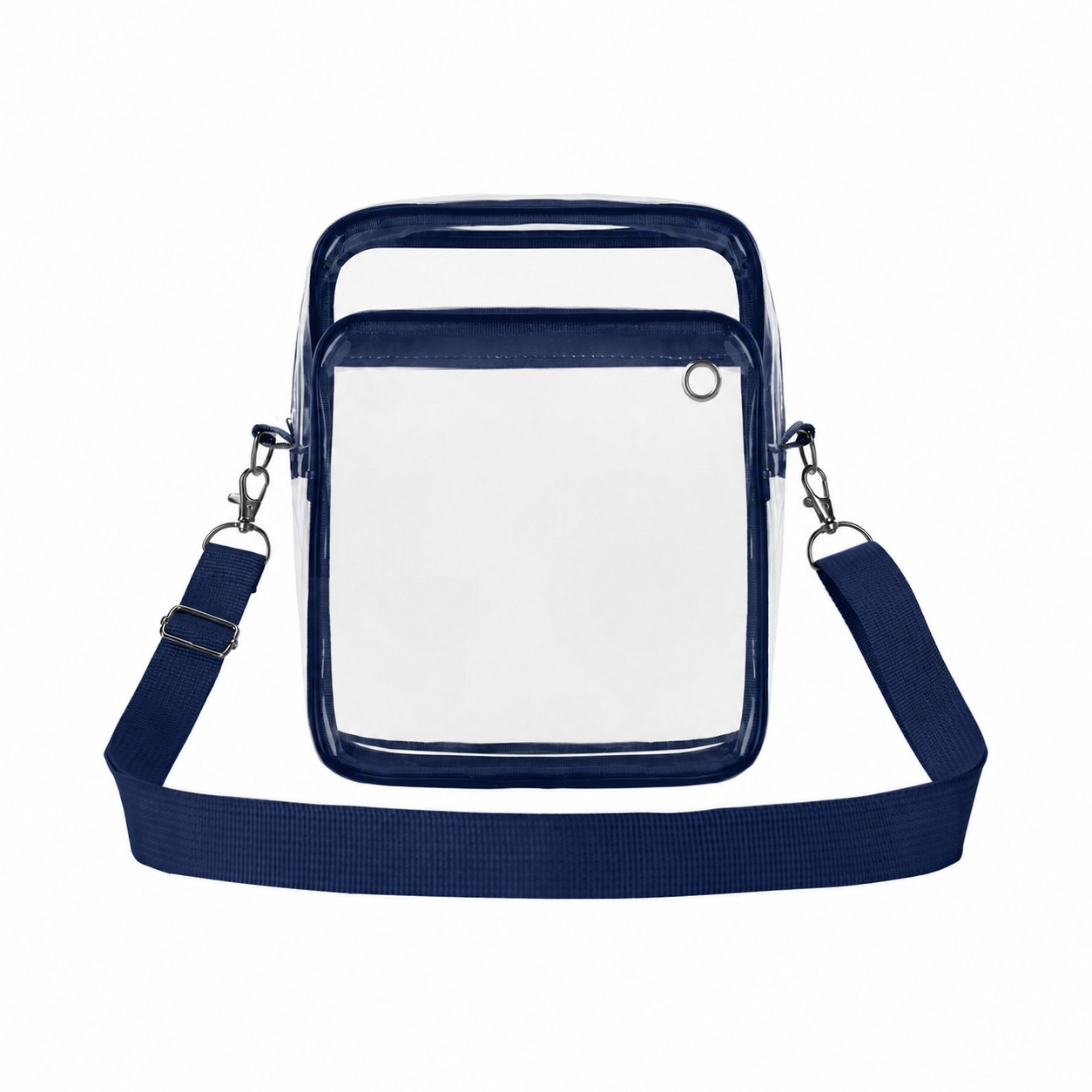 Zippered Storage PVC Crossbody Sling Bag — Clear White/Navy Blue