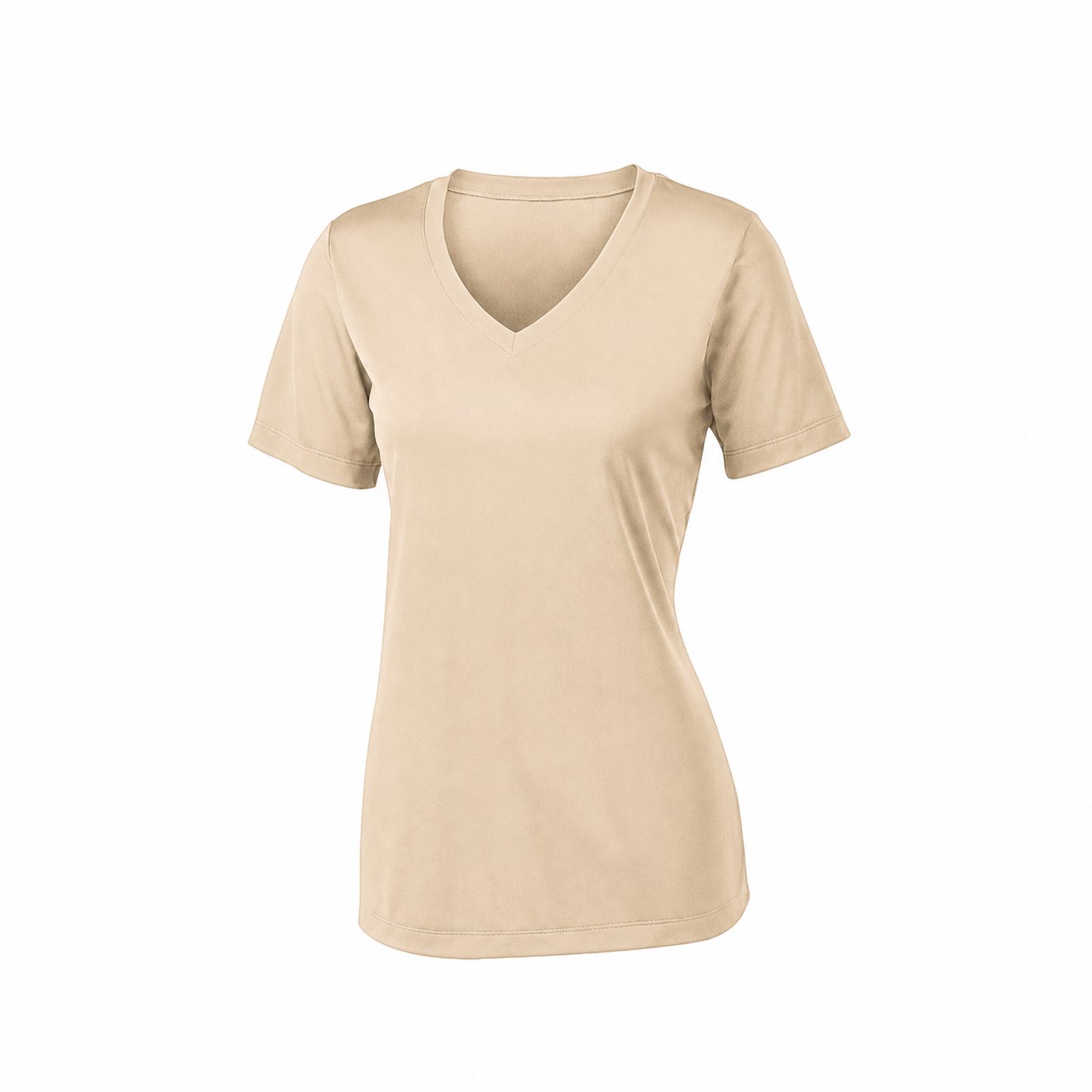 Ladies Polyester V Neck Athletic Tee — Beige