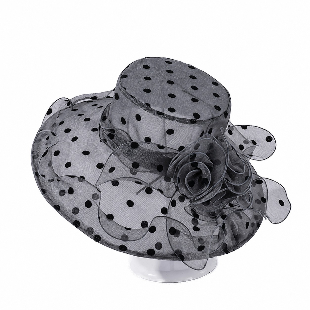 Organza Polka Dot Flower Hat — Gray