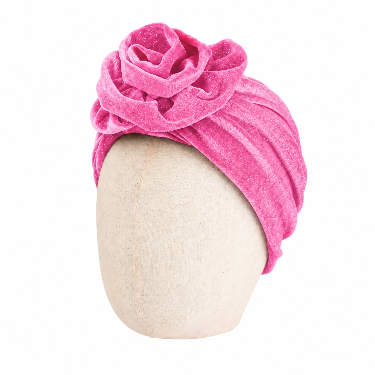 Velvet Rosette Turban Beanie Hat — Pink