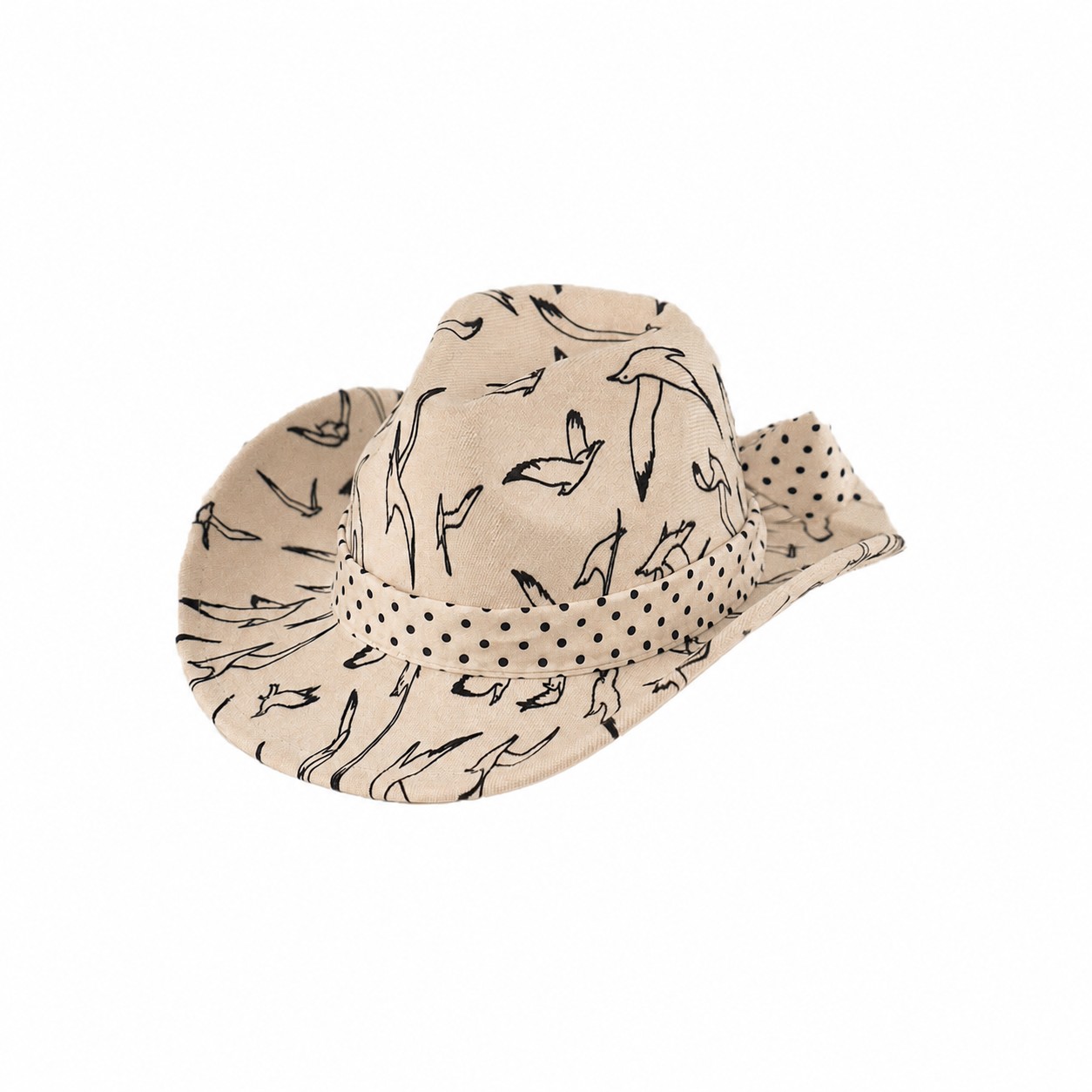 Bird Print Wide Brim Fedora Hat — Beige
