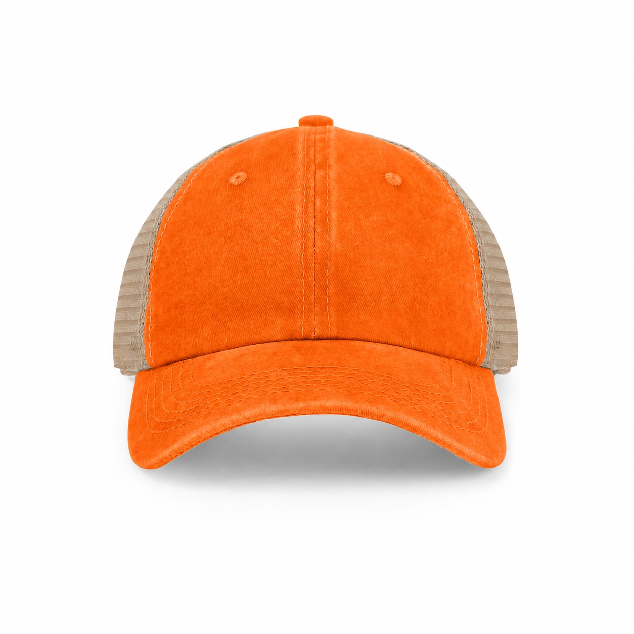 Pigment Dyed Mesh Trucker Cap — Orange/Khaki Beige