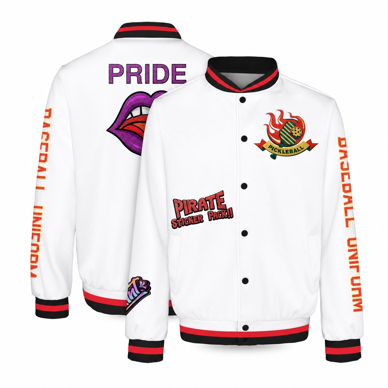 Button-Front Polyester-Spandex Varsity Jacket — Clear White