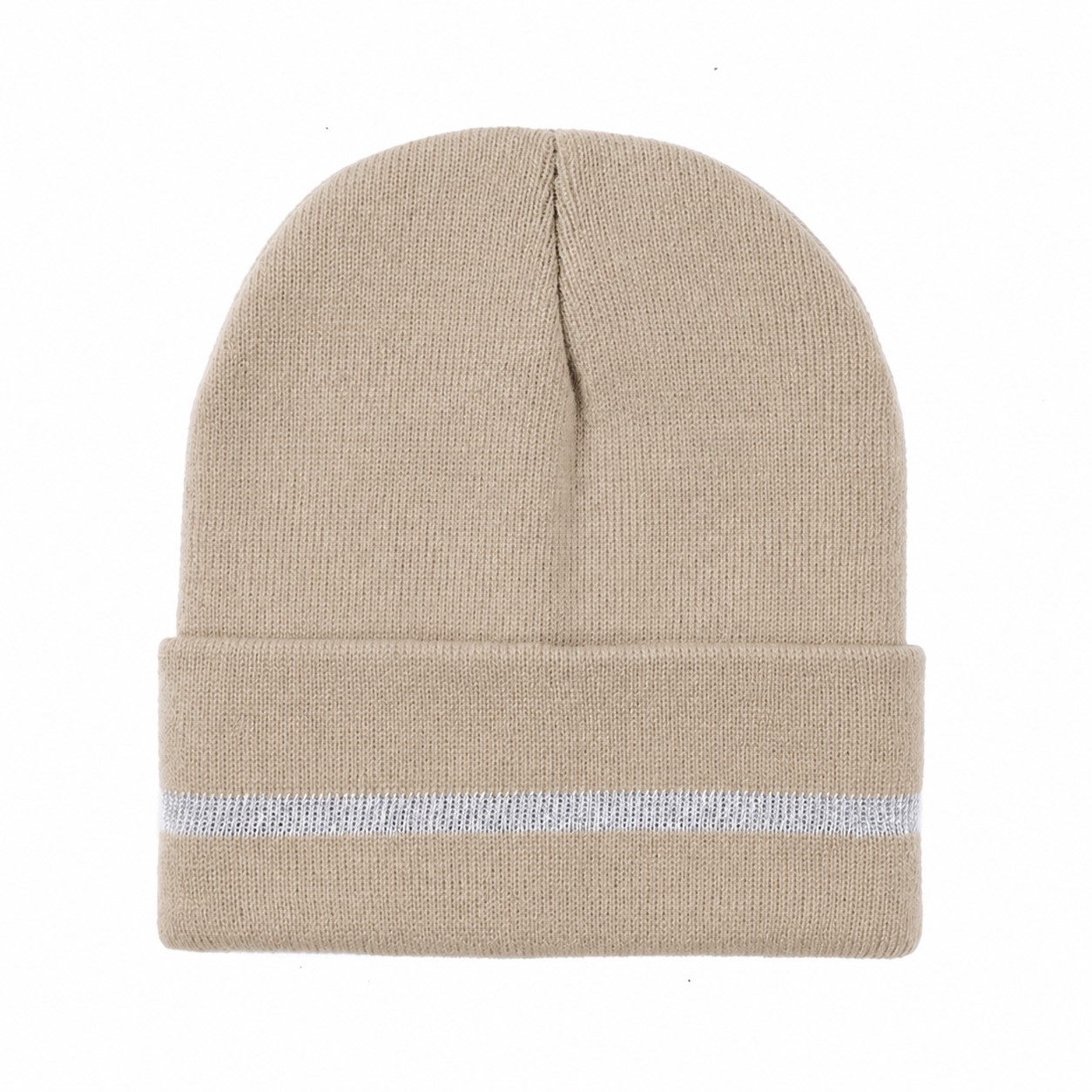 Reflective Stripe Polyester Cuffed Beanie — Khaki Beige