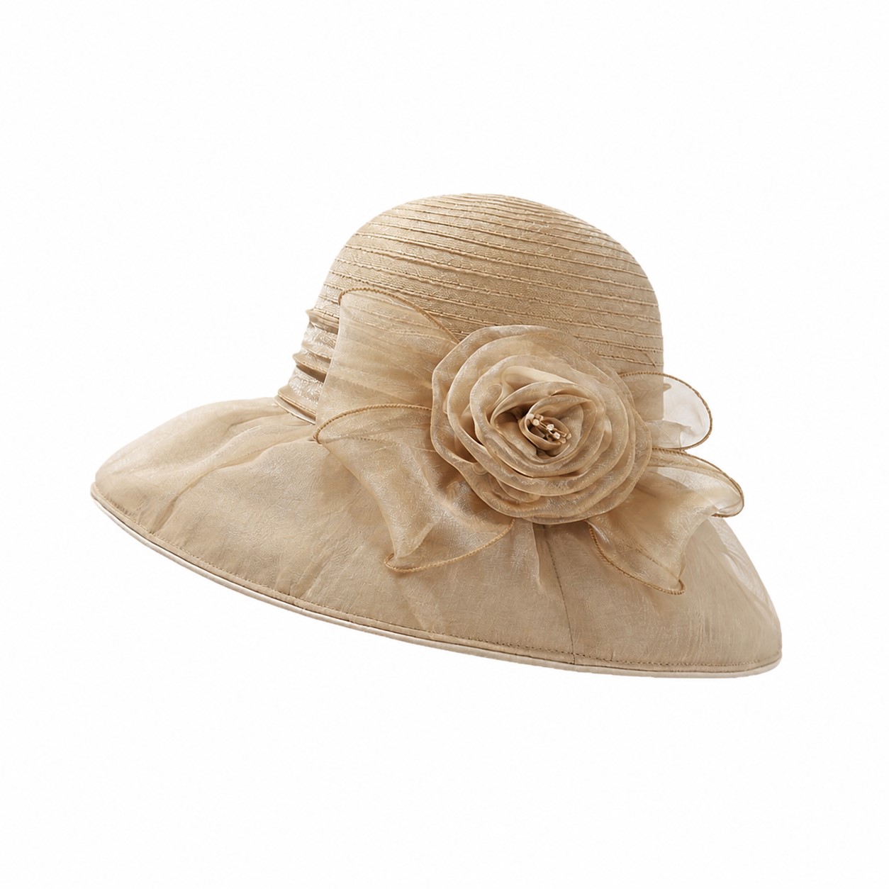 Organza Wide Brim Flower Hat — Khaki Beige