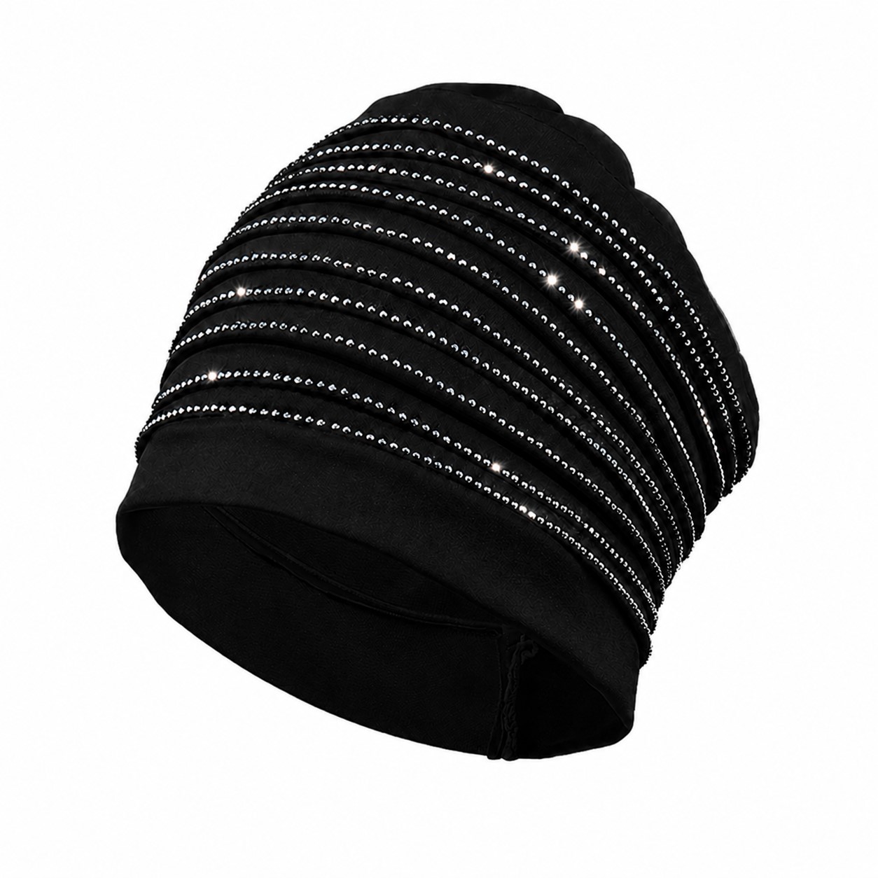 Rhinestone Polyester Turban Beanie Cap — Black