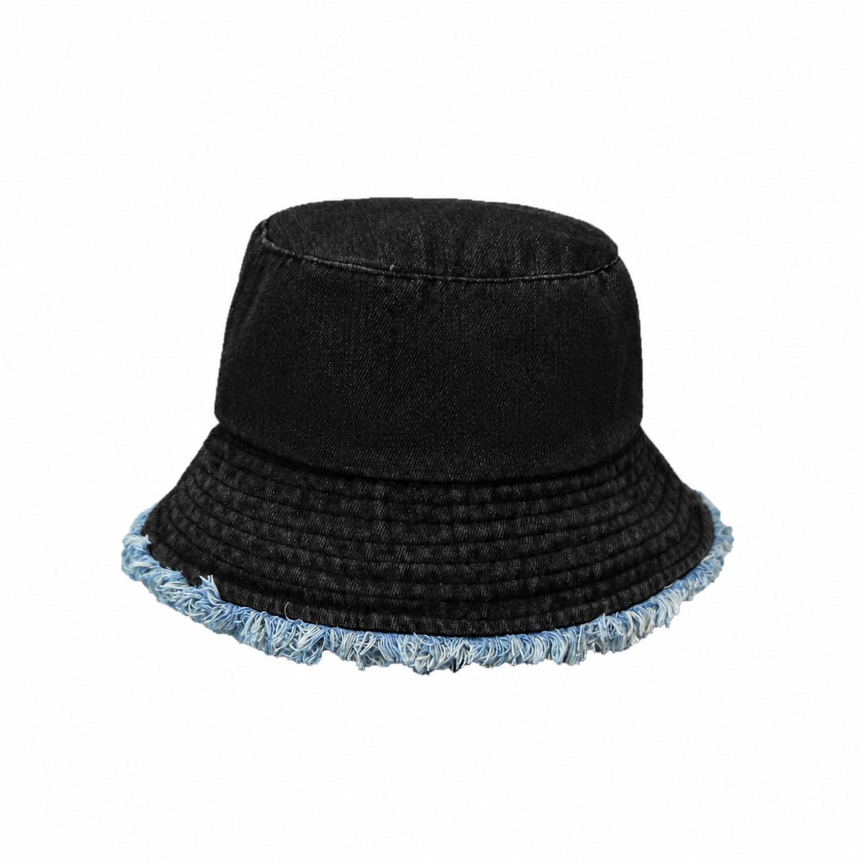 Denim Frayed Bucket Sun Hat — Black