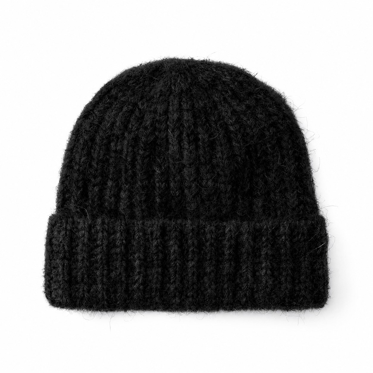 Fuzzy Polyester Cuffed Watch Beanie — Black