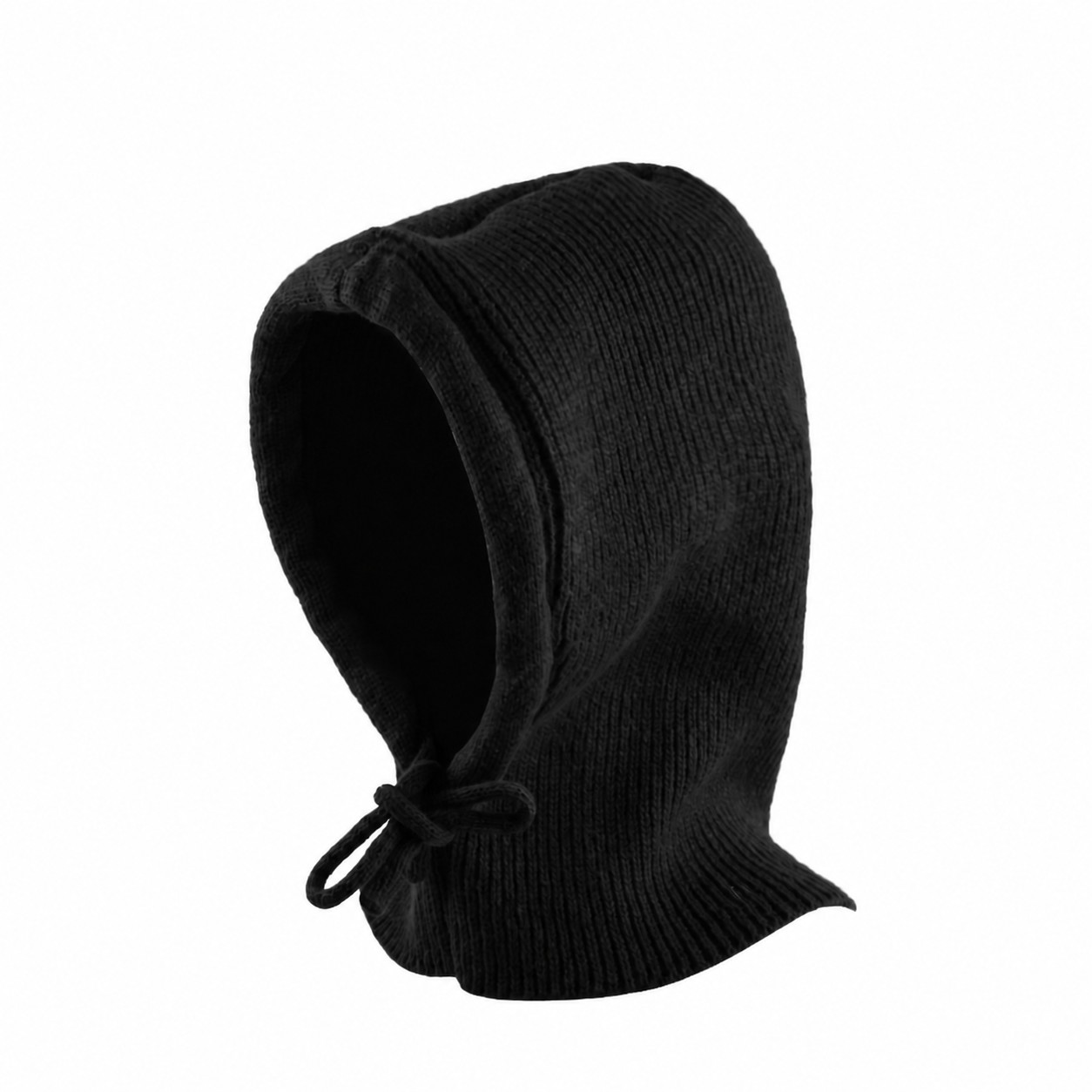 Wool Blend Tie Front Hooded Beanie — Black