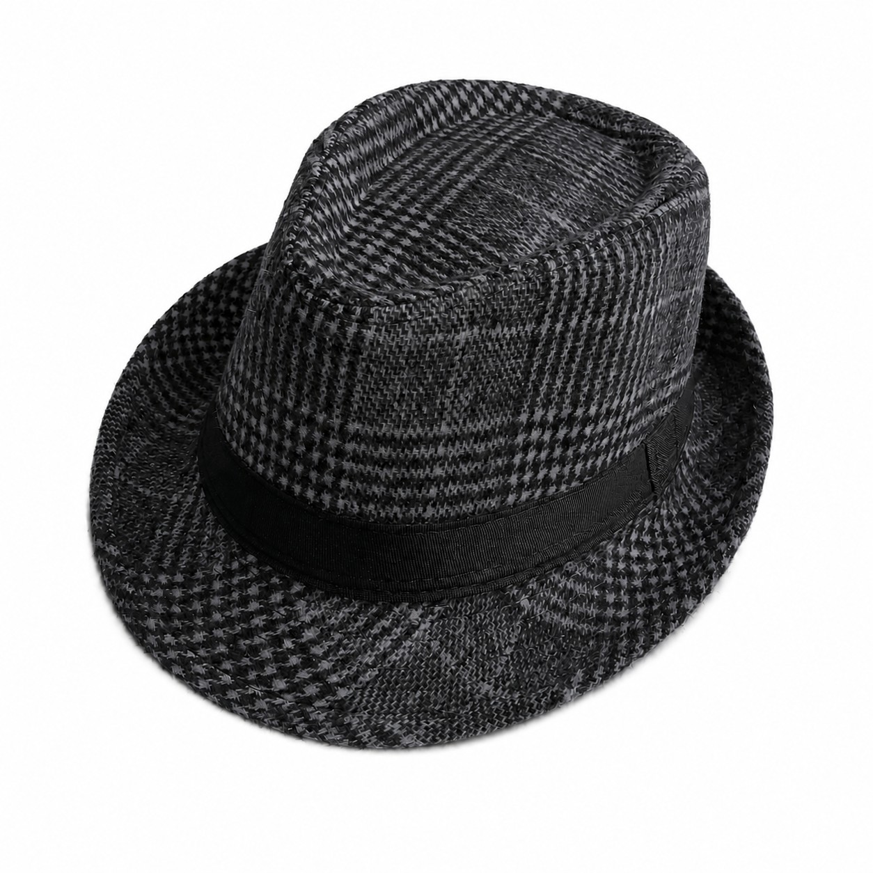 Polyester Plaid Fedora With Ribbon Band — Dark Gray