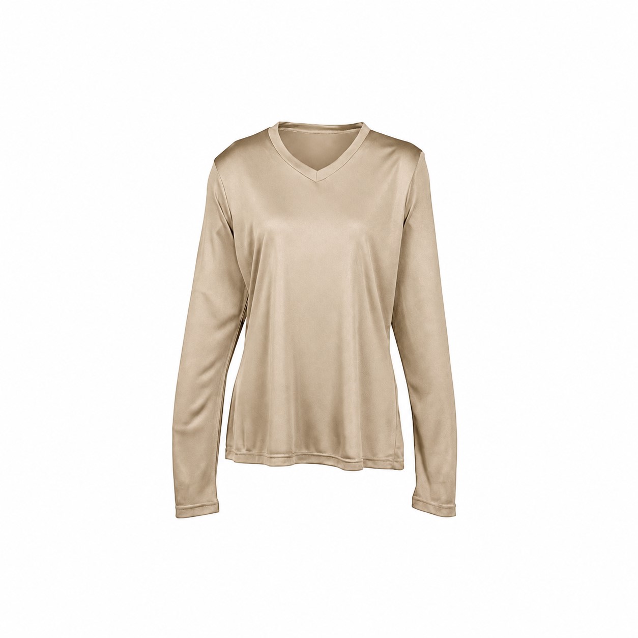 Ladies Polyester V Neck Performance Shirt — Tan Beige
