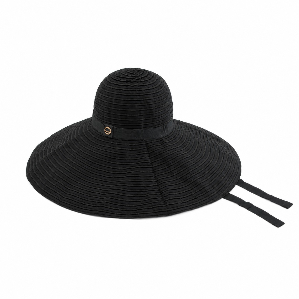 Polyester Striped Wide Brim Sun Hat — Black