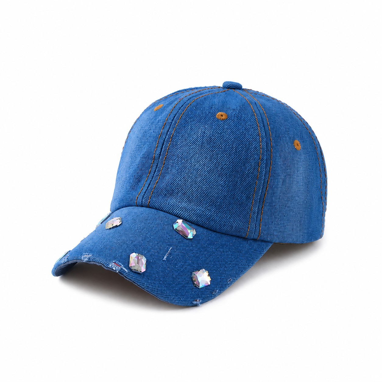 Jeweled Polyester Denim Look Baseball Cap — Medium Blue