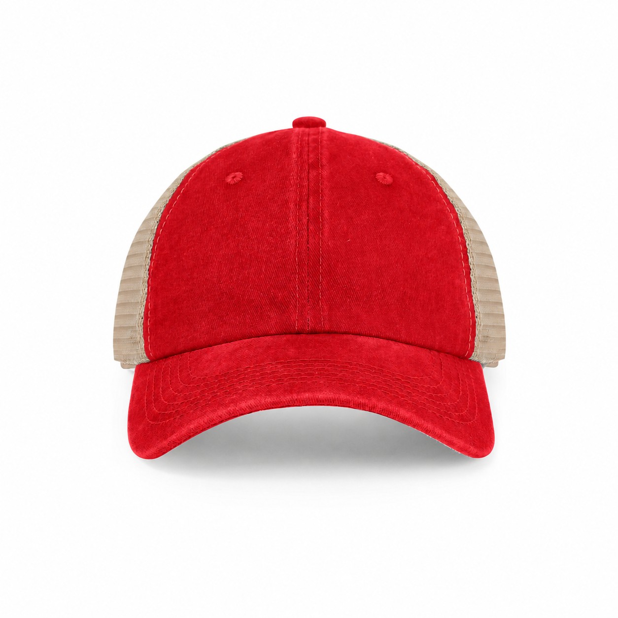 Pigment Dyed Mesh Trucker Cap — Red/Khaki Beige