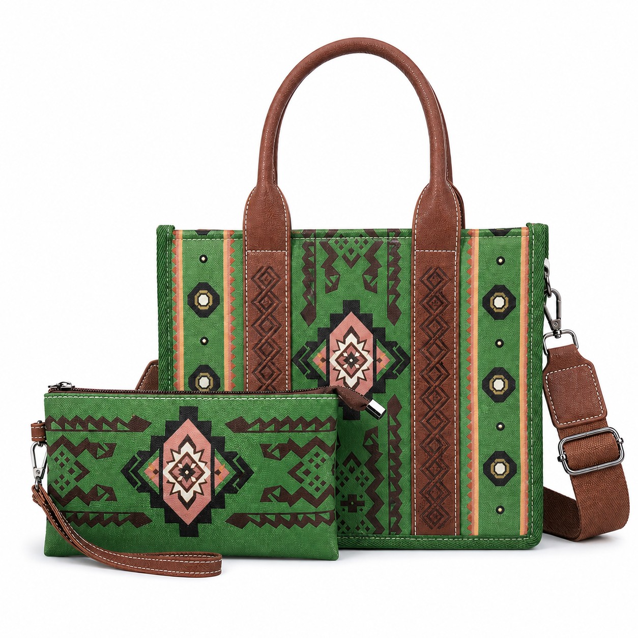 Canvas Western Tote Bag Set — Green